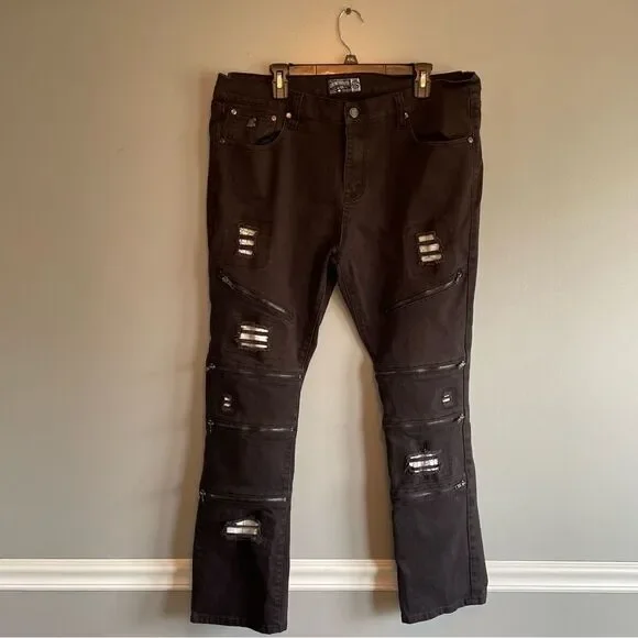 Grindhouse Denim Black jeans size 38 Buckle zippers distressing on legs Mens